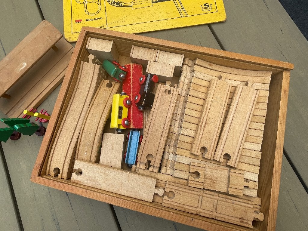 Vintage BRIO houten treinset treinbaan (1970’s) – 55 items, Ophalen of Verzenden, Gebruikt, Duw- of Trekspeelgoed