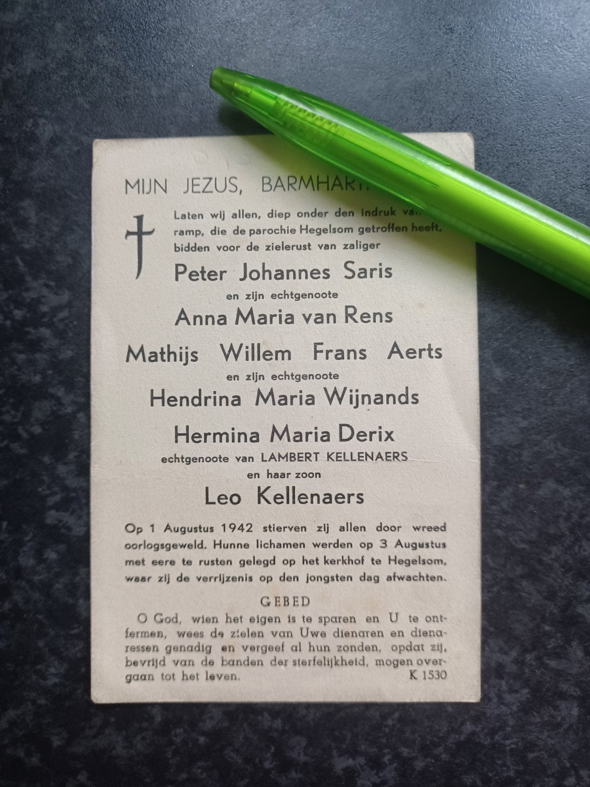Bidprentje Hegelsom 6 personen gestorven oorlogsgeweld 1942, Ophalen of Verzenden, Bidprentje