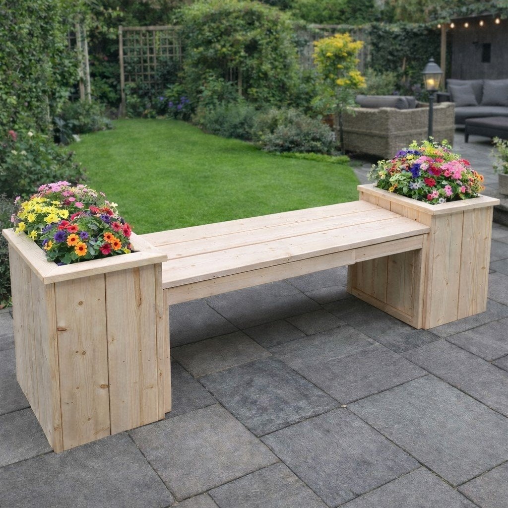 Tuinbank met bloembak van steigerhout, Ophalen of Verzenden, Nieuw, Hout