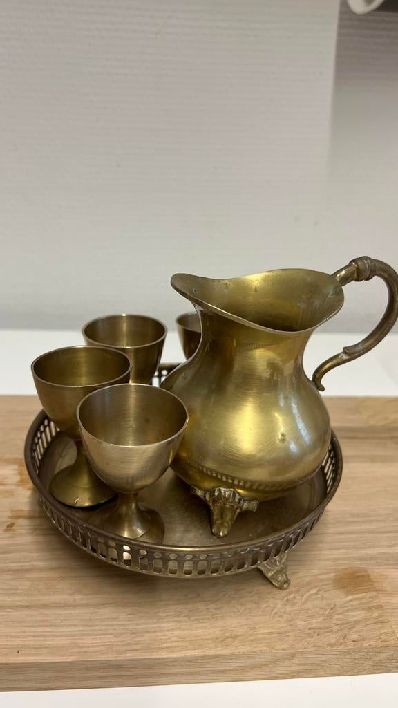 6-delige Vintage Messing Set–Karaf, Kelken en Dienblad, Antiek en Kunst, Ophalen of Verzenden