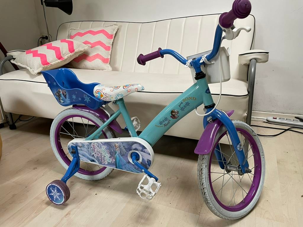 Disney Frozen fiets kinderfiets 16 inch blauw zijwieltjes, Ophalen, Terugtraprem, Zijwieltjes, 16 tot 20 inch