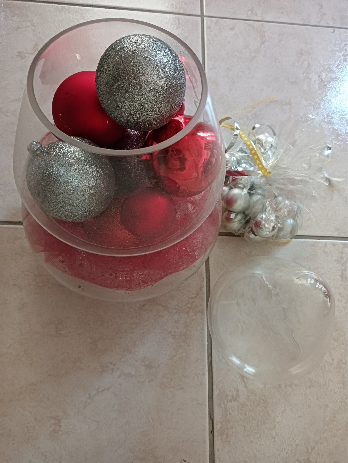 glazen pot kerstboom met ballen 40 cm hoog, Ophalen, Zo goed als nieuw
