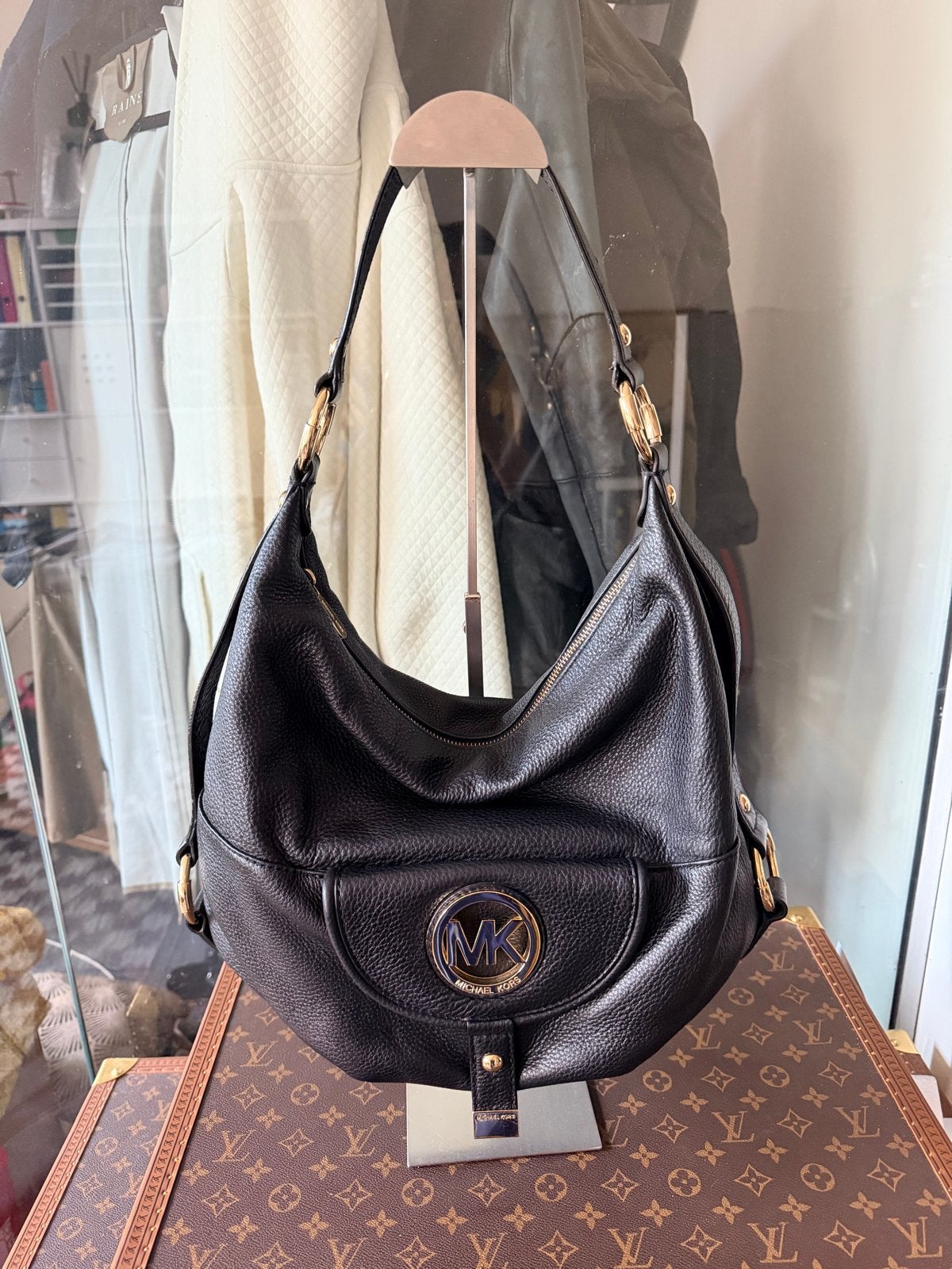 Michael Kors Fulton Large Hobo Tas in mooi Leder, Ophalen of Verzenden, Zo goed als nieuw, Zwart, Schoudertasje