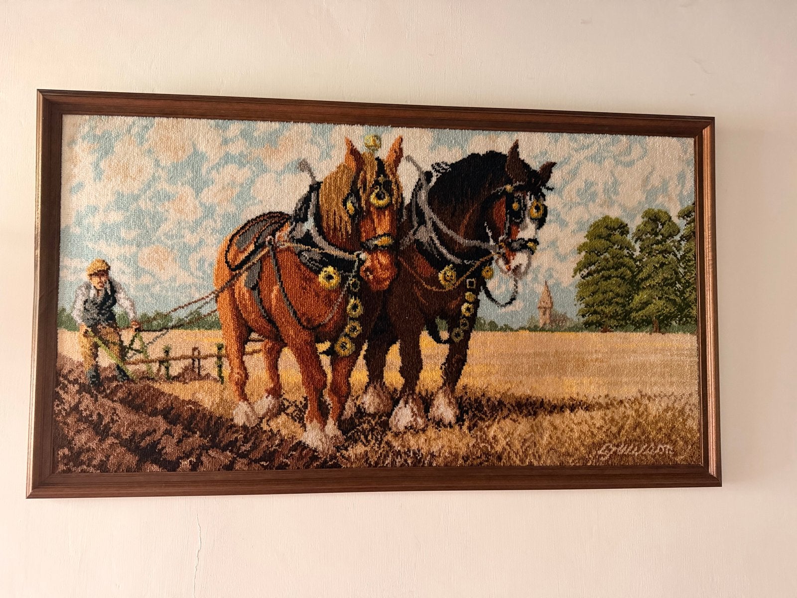 Vintage wandtapijt: Ploegende paarden, Ophalen, Zo goed als nieuw, 75 tot 100 cm, Overige typen
