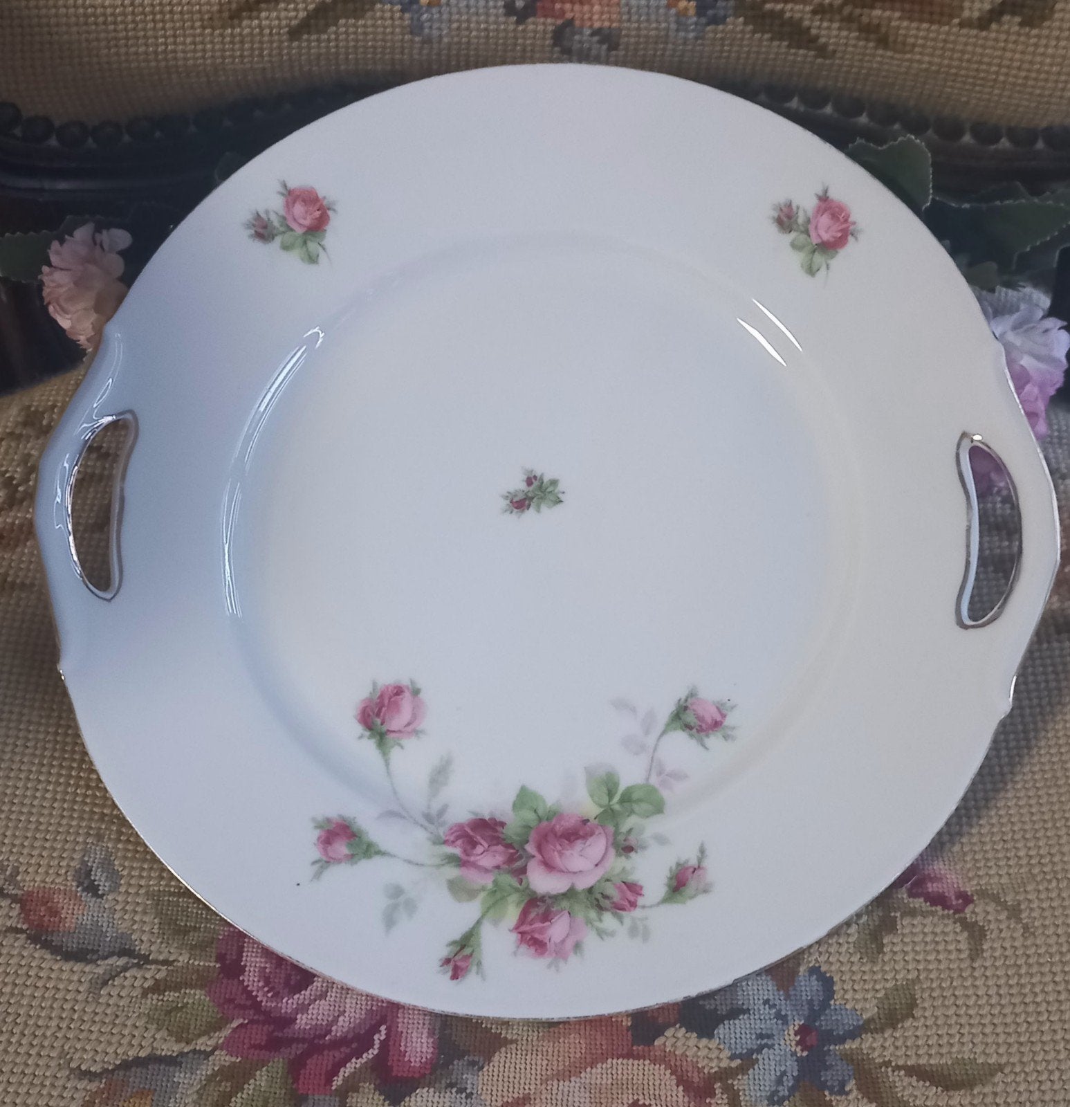 Mooie brocante serveerschaal, roze rozen, Koeningszelt, Ophalen of Verzenden