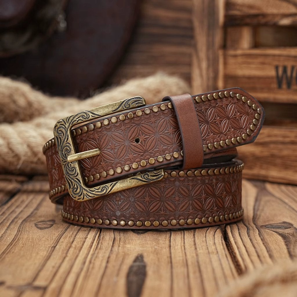 Bruine kunstleren cowboyriem met bloemen motief, Bruin, Verzenden, Nieuw, 115 cm of meer