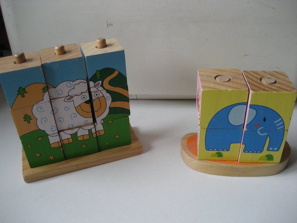 set van 2 houten blok staaf puzzels dieren, Ophalen of Verzenden, Zo goed als nieuw
