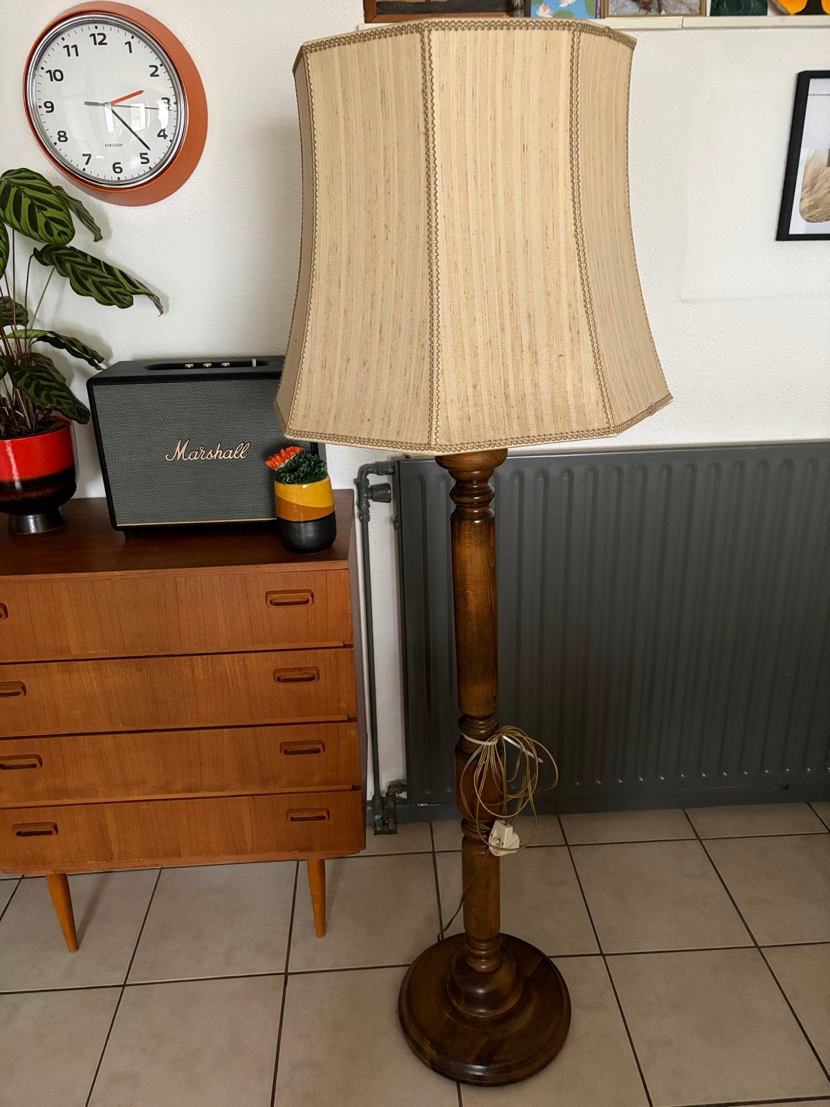 Vintage houten vloerlamp met stoffen kap, Ophalen, Gebruikt, Hout, 150 tot 200 cm