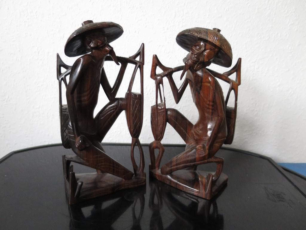 2 mooie beelden uit coromandel hout gesneden 20/11 cm, Ophalen of Verzenden
