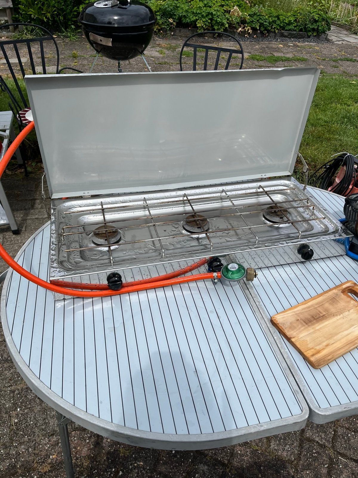 Camping gasstel met 3 pitten en gasslang, Ophalen of Verzenden, Gebruikt