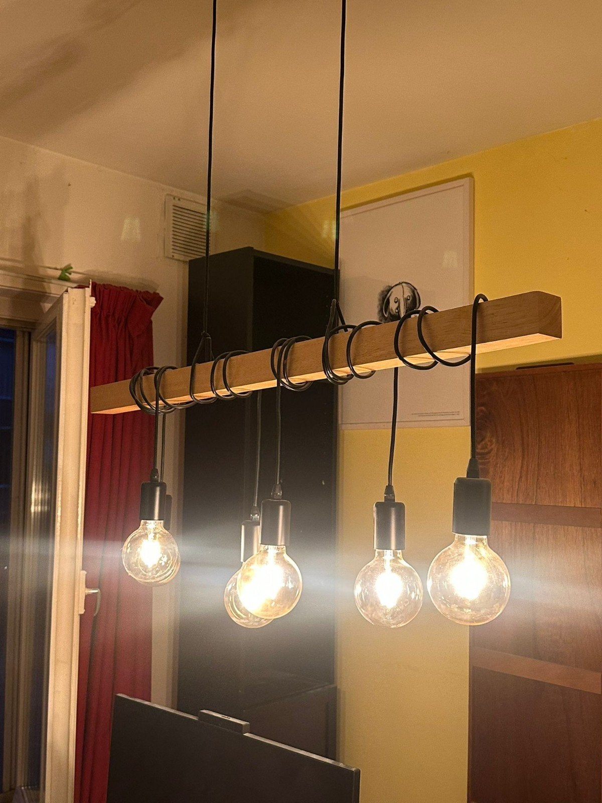 Industriële hanglamp met houten balk en (6x E27 Edison lamp), Ophalen, Gebruikt, E27 (groot), Hout