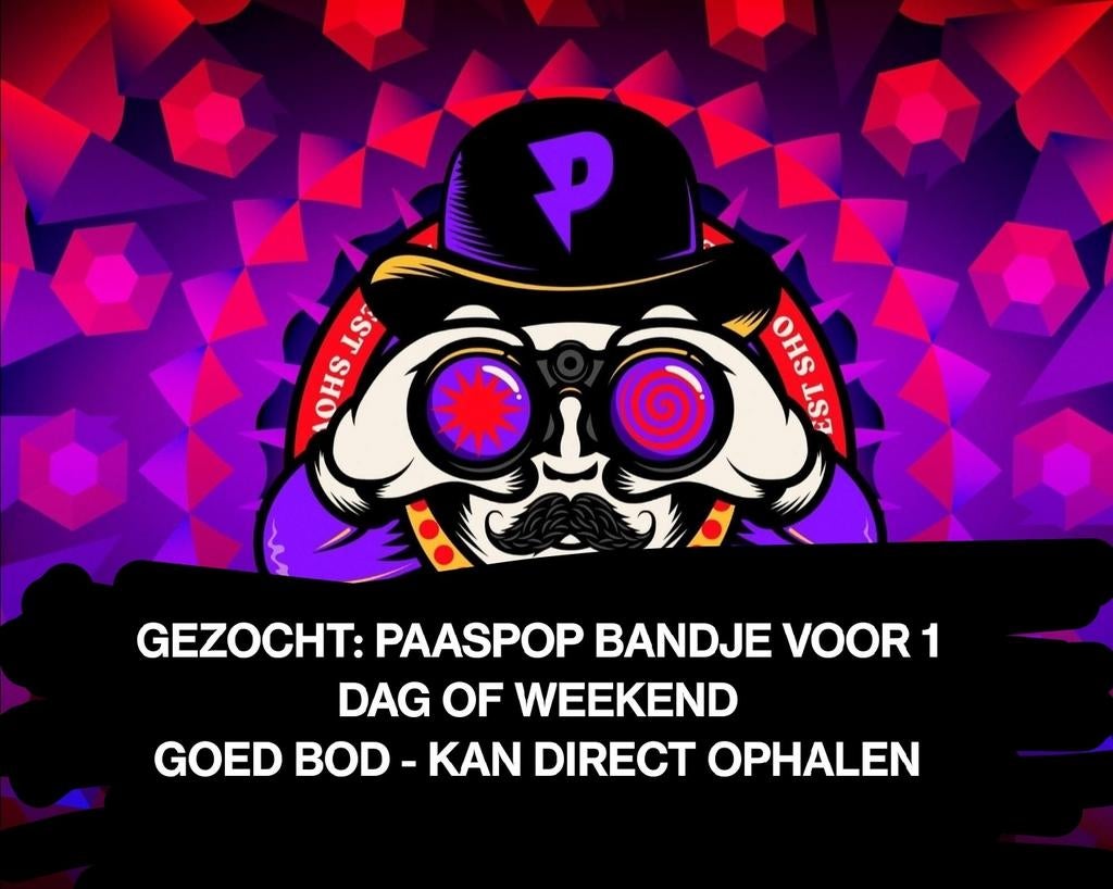 GEZOCHT: PAASPOP BANDJE VOOR EEN DAG OF WEEKEND 
GOEDE PRIJS, Tickets en Kaartjes, Evenementen en Festivals, Eén persoon