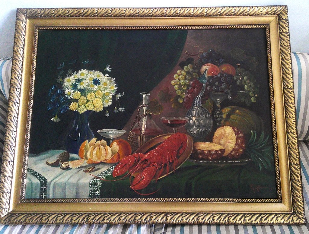 Gevarieerd Stilleven met kreeft ca.1920 - Friedrich Kottmann, Antiek en Kunst, Kunst | Schilderijen | Klassiek, Ophalen, Doek