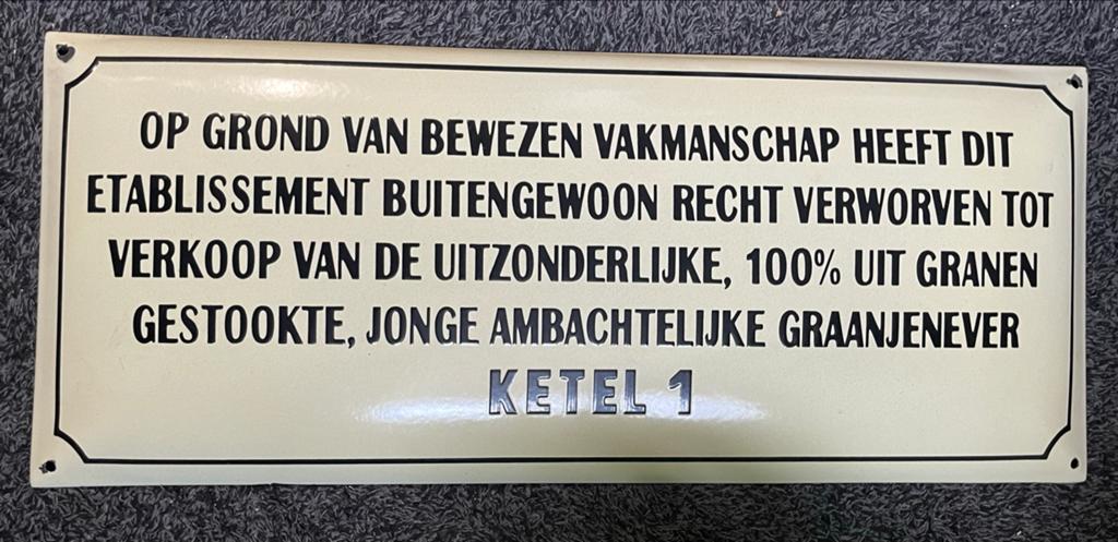 Vintage Emaille Bord Ketel 1 Jenever Reclamebord, Verzamelen, Merken en Reclamevoorwerpen, Ophalen of Verzenden, Gebruikt, Reclamebord