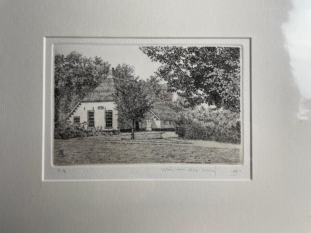 Wim van der Meij - ets van oude boerderij 1990, 10 cm, Gesigneerd, Ophalen of Verzenden, Landschap