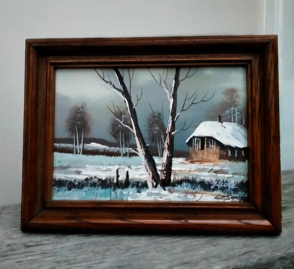 Mini Paneel Schilderij - Winter Landschap - Gesigneerd, Ophalen of Verzenden, Zo goed als nieuw, Minder dan 50 cm, Schilderij