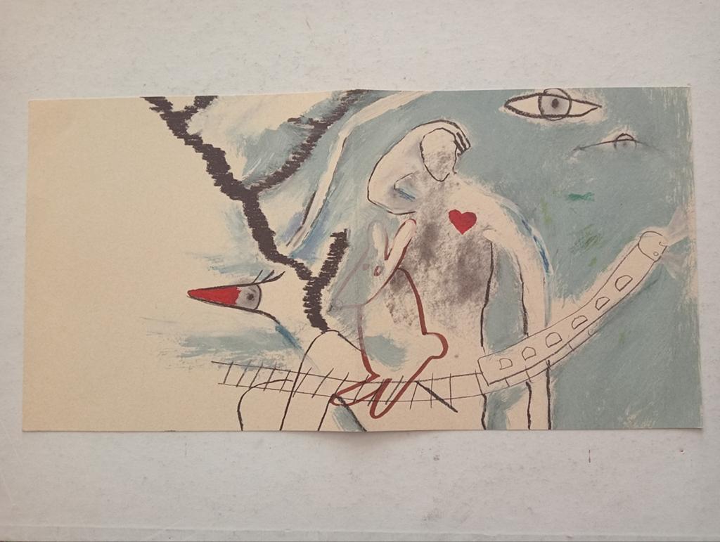 Prent met figuur,vogel en konijn, Antiek en Kunst, Ophalen of Verzenden