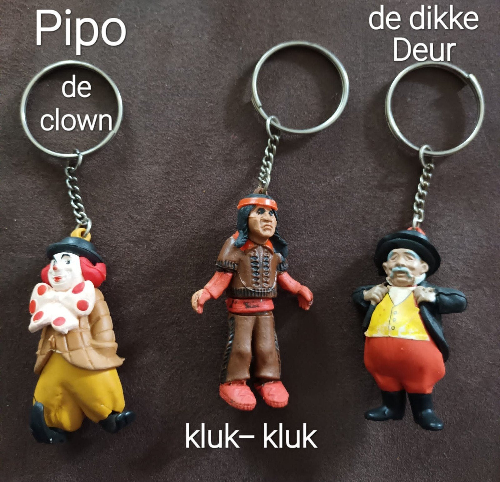 Vintage sleutelhangers: Pipo de Clown, Indiaan, Dikke Deur, Verzenden, Gebruikt, Knuffel of Figuurtje