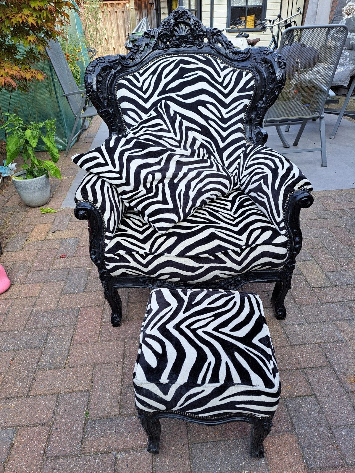 Barok fauteuil met zebrakussen en poef, Ophalen, Gebruikt, Barok, Modern, Glamour, 75 tot 100 cm