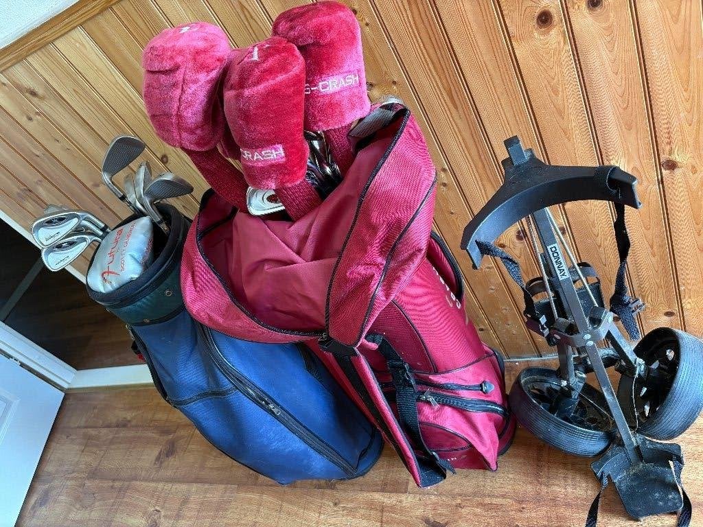 2 golftassen met clubs en 1 trolly, Sport en Fitness, Golf, Ophalen, Gebruikt, Set