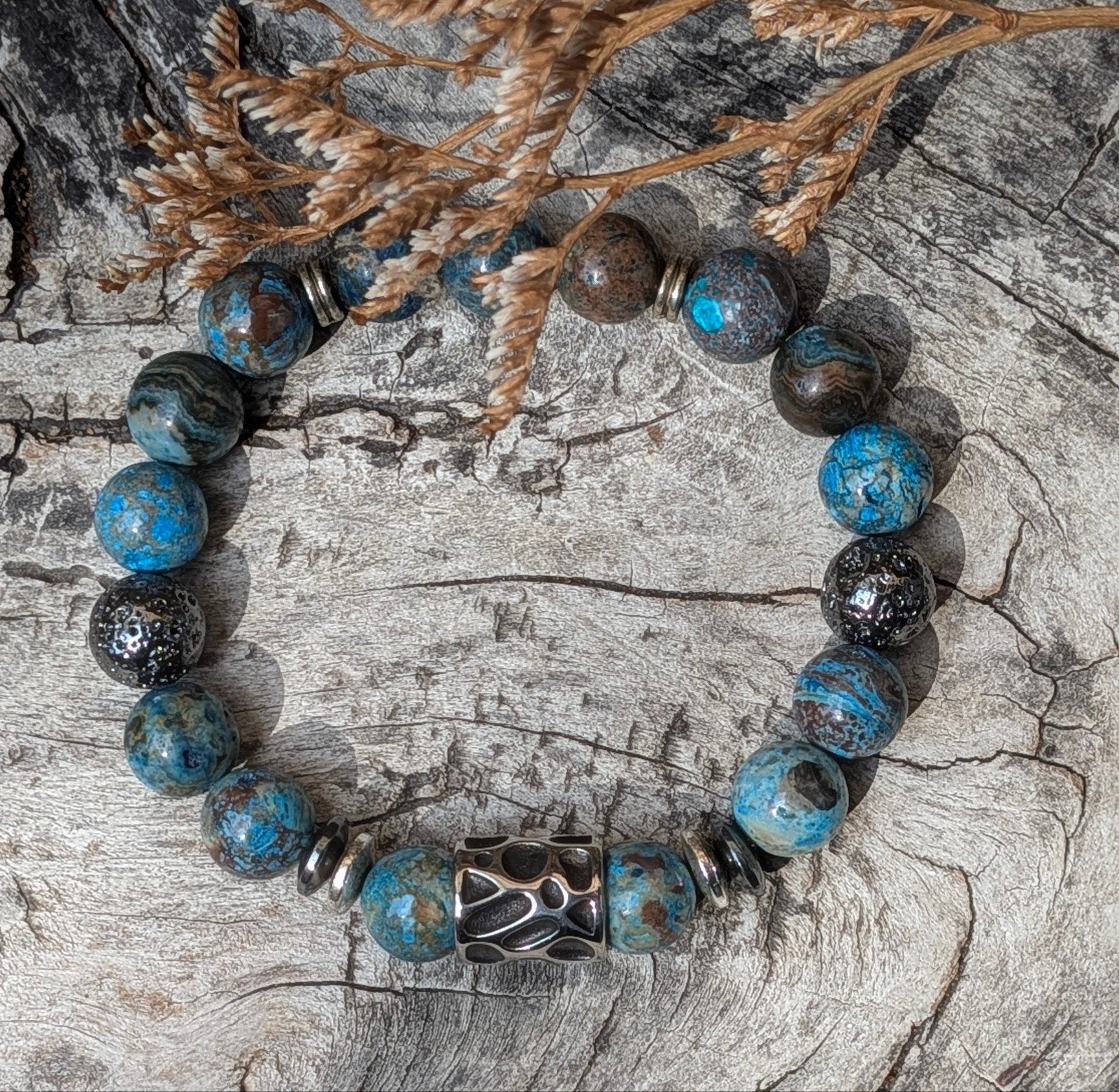 Nieuwe 10mm heren armband van Agaat en stainless steal., Overige materialen, Met bedels of kralen, Blauw, Nieuw