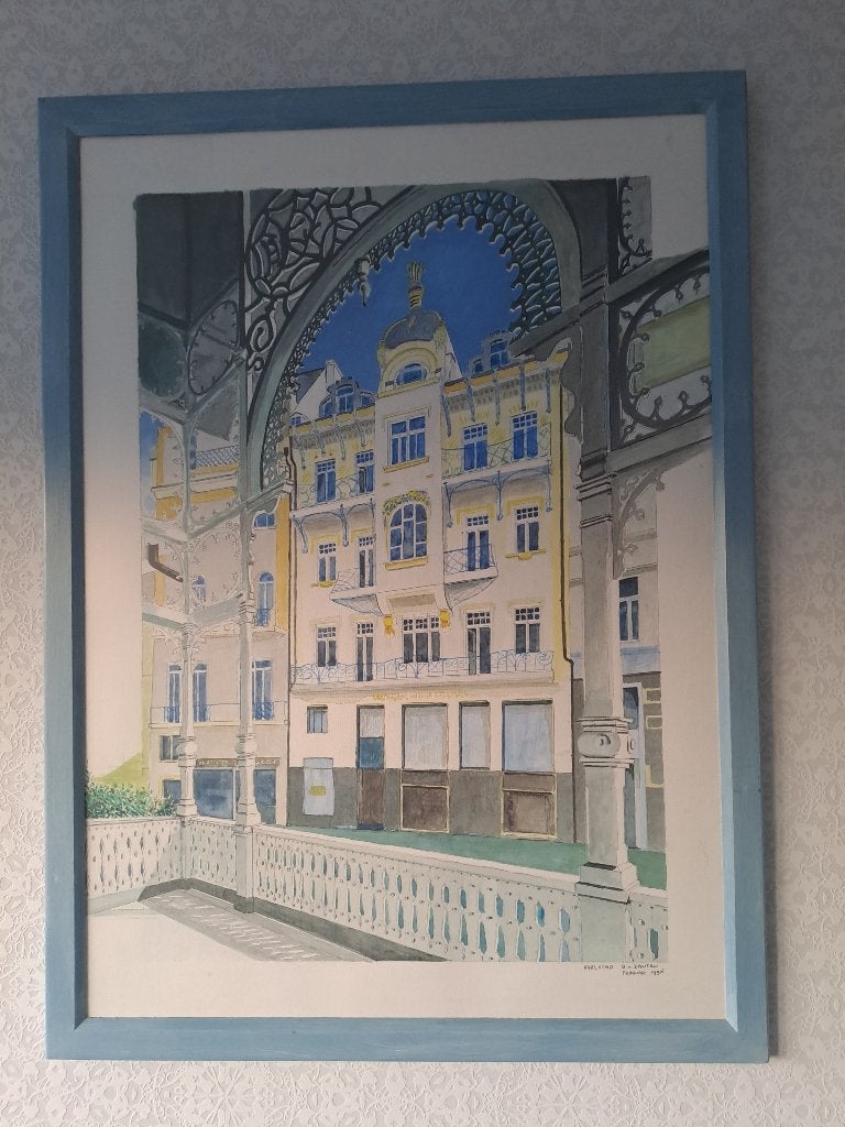 Tekening vanuit karlovy Vary markt Colonado, Ophalen of Verzenden, Tekening, Pentekening, Achter glas