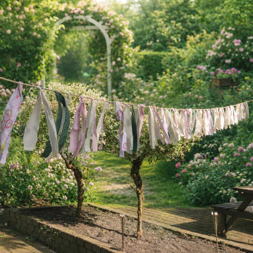 Handgemaakte stoffen slinger • 9 meter • roze/creme/groen, Ophalen of Verzenden, Nieuw, Versiering, Overige