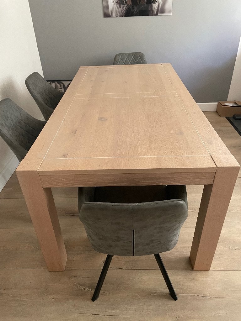 Eettafel geborsteld eiken met 4 stoelen, Huis en Inrichting, Tafels | Eettafels, Ophalen, Gebruikt, Eikenhout, 200 cm of meer
