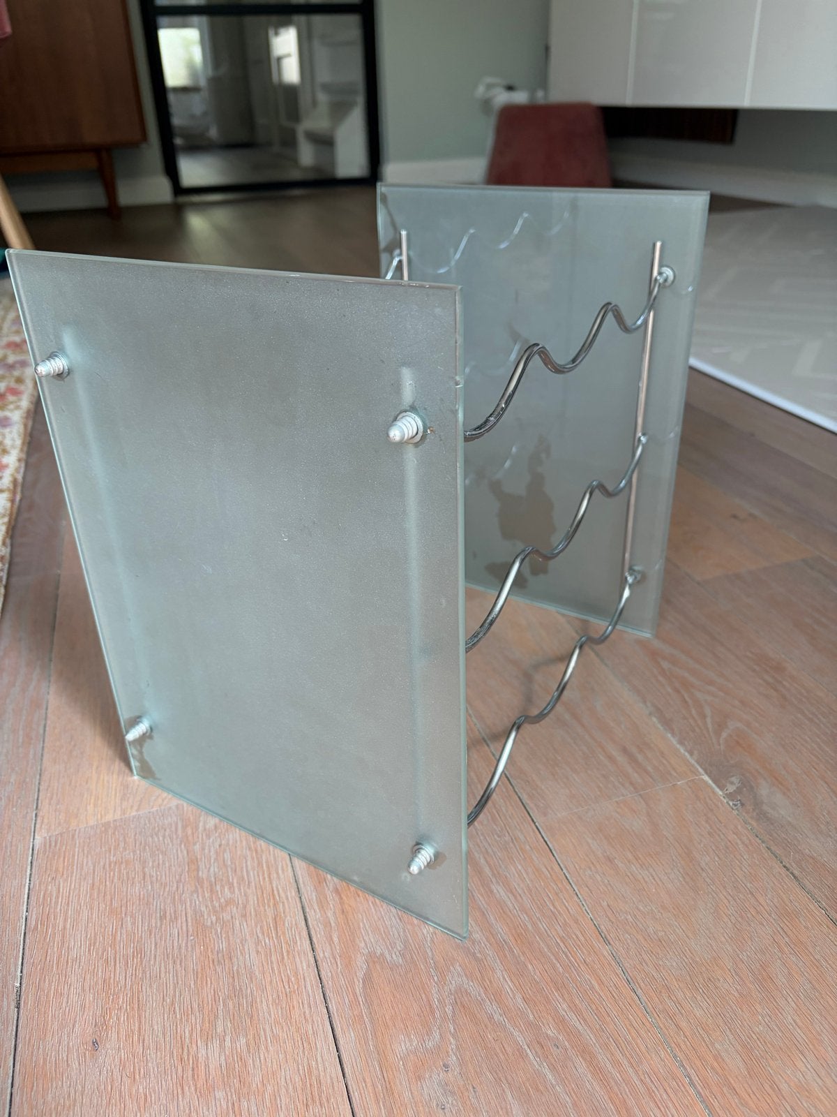 Modern wijnrekje voor 9 flessen - Glas en Metaal, Ophalen, Gebruikt, 5 tot 15 flessen, Glas