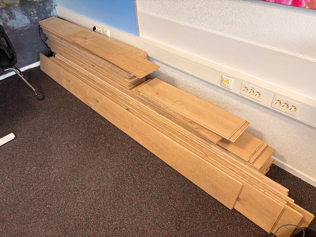 Licht eiken vloerdelen 15 tot 17 M2, restpartij nieuw., Ophalen, Nieuw, Vloerdelen of -planken, 10 m² of meer