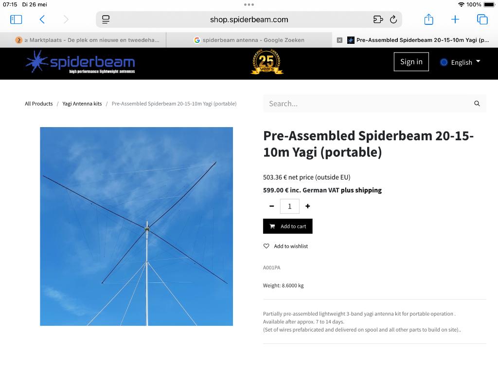 Antenne Spiderbeam yagi 10-15-20 m, Ophalen, Zo goed als nieuw, Antenne