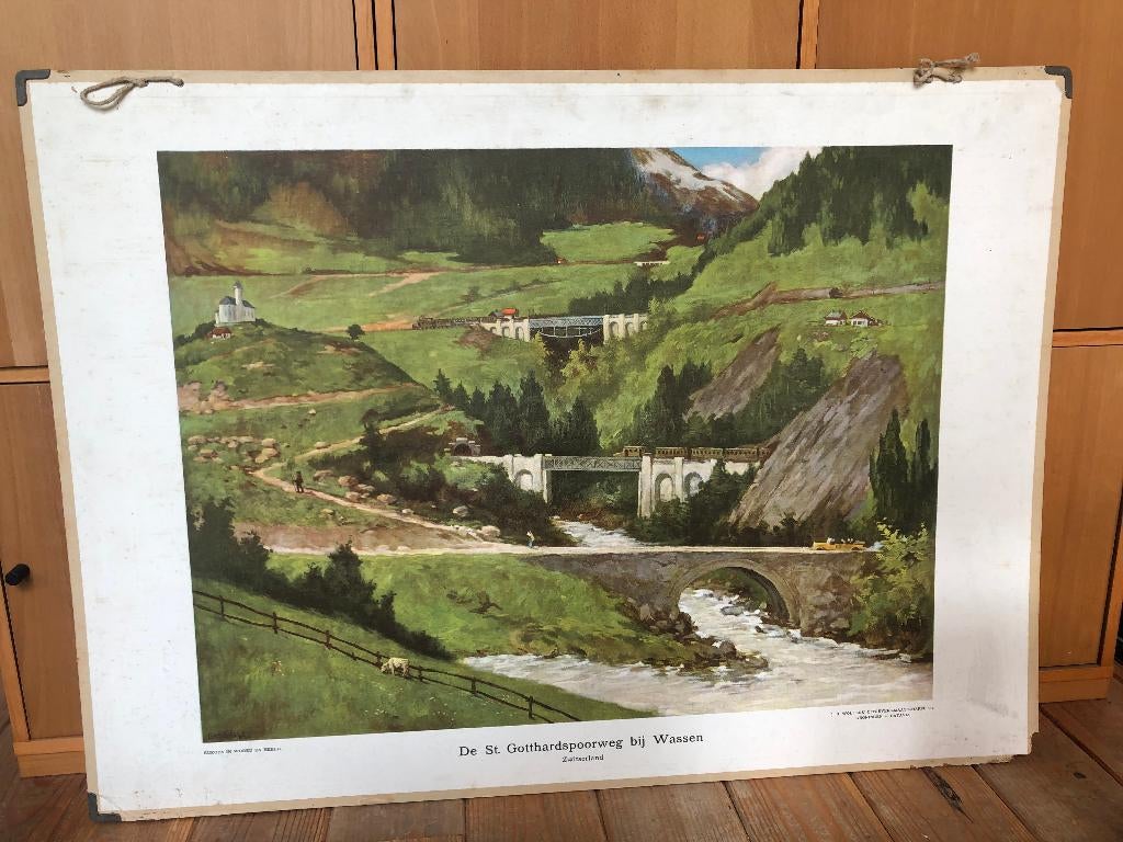schoolplaat "De St. Gotthardspoorweg bij Wassen", Antiek en Kunst, Antiek | Schoolplaten, Natuur en Biologie, Ophalen of Verzenden