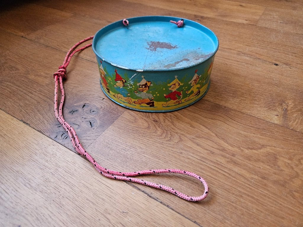 Vintage blikken trommel met dierenfiguren jaren 1950, Ophalen of Verzenden