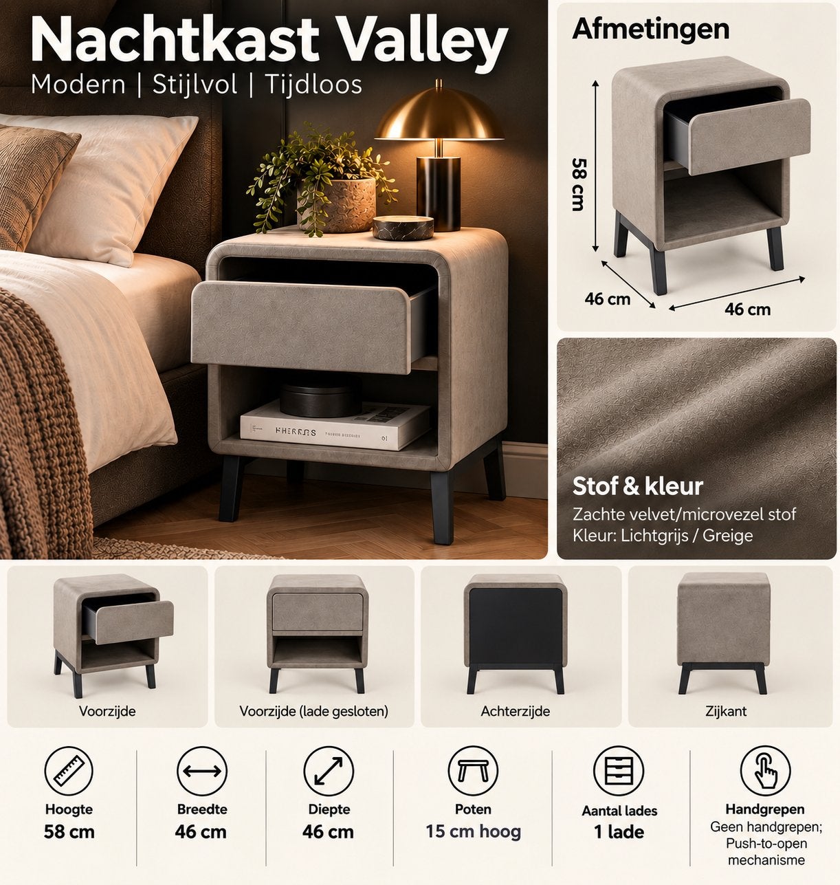 Nieuw!!! 2X moderne nachtkastjes Valley - Grijs, Overige materialen, Nieuw, 45 tot 65 cm, 55 tot 70 cm