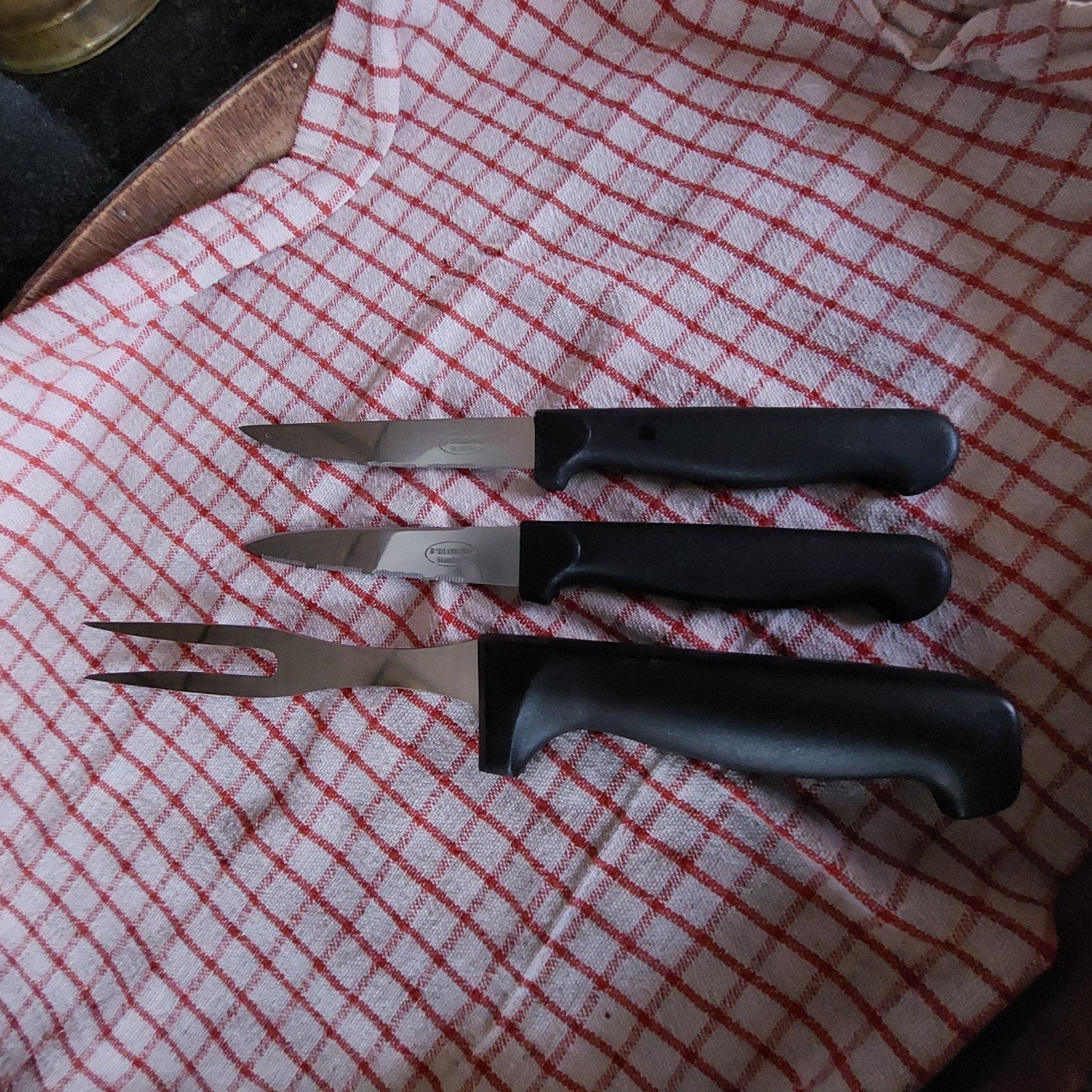 2 mesjes en Vleesvork, Gebruikt, Los bestek, Rvs of Chroom, Overige merken