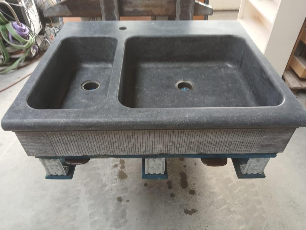 spoelbak Belgisch hardsteen, dubbele gootsteen, pompsteen, Gebruikt, Zwart, Minder dan 100 cm, 50 tot 75 cm