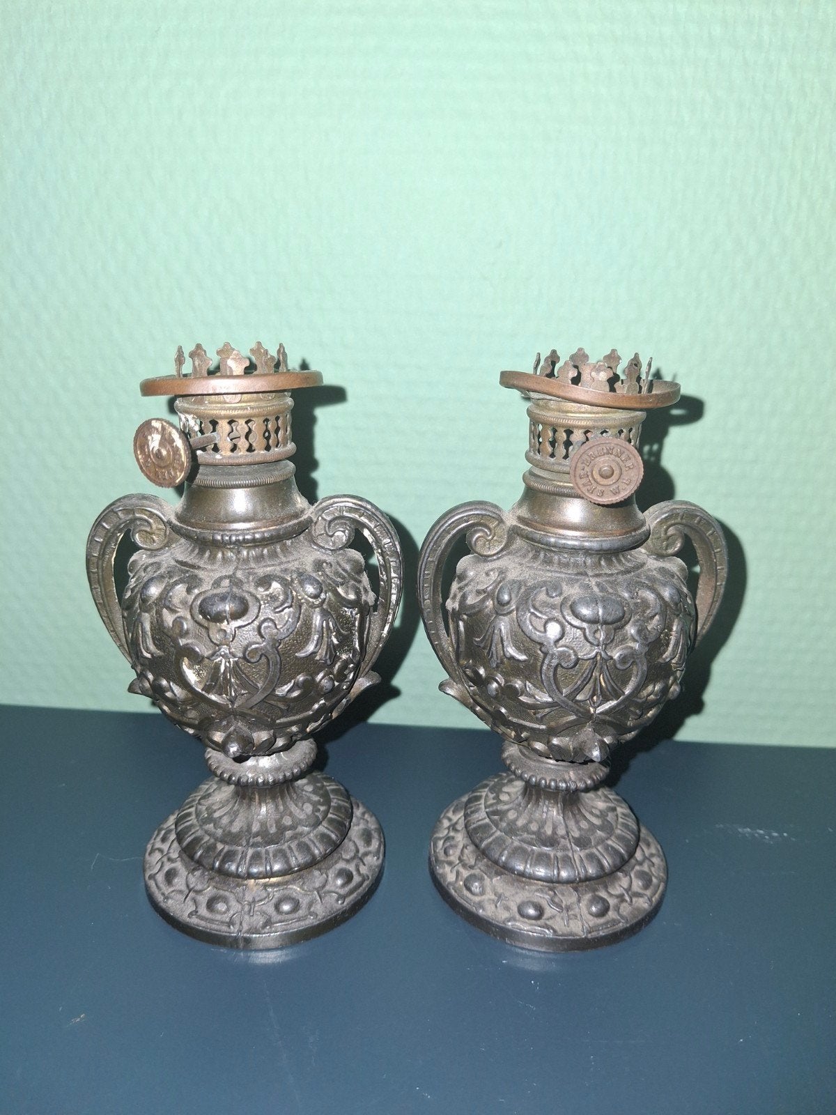 2x Antieke mini olielampjes amfoor - Spar Brenner, Ophalen of Verzenden