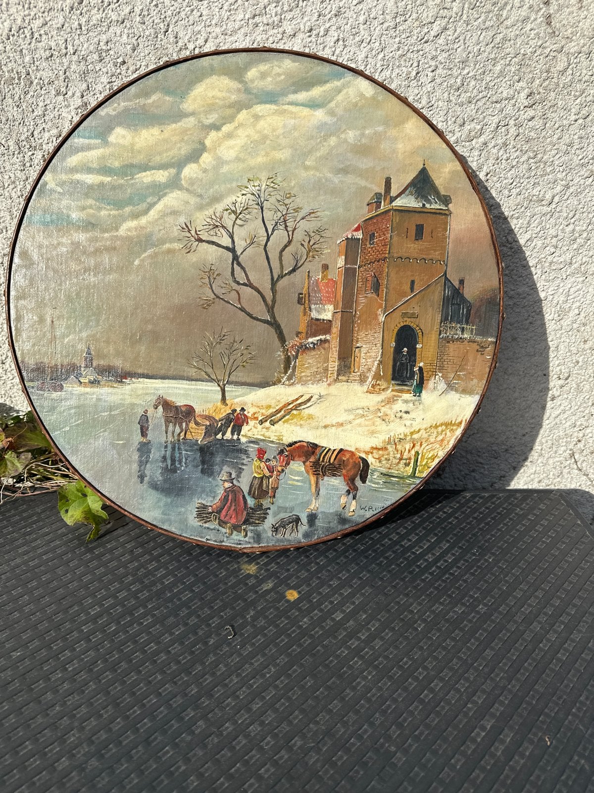 Oud Hollands Winterlandschap op rond paneel, gesigneerd, Paneel, Oud hollands, Ophalen of Verzenden, Gesigneerd