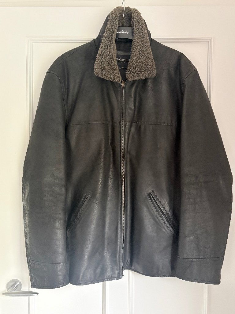 Rino & Pelle Leren Jas met Bontkraag - Maat 56 (XL), Zwart, Maat 56/58 (XL), Ophalen of Verzenden, Zo goed als nieuw