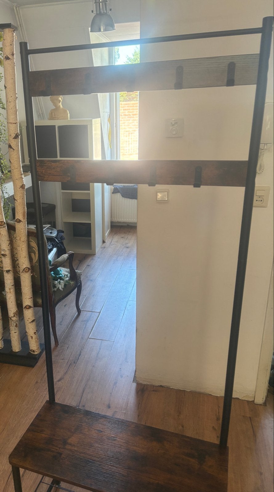 Industriële kapstok met schoenenrek, Huis en Inrichting, Woonaccessoires | Kapstokken, Ophalen, Gebruikt, Metaal, Staande kapstok