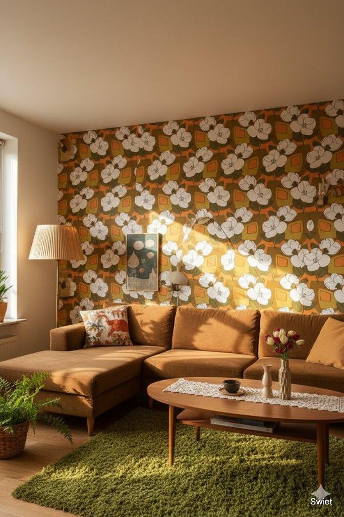 14117 Retro bloemenbehang oranje geel vintage swiet, Verzenden, Oranje
