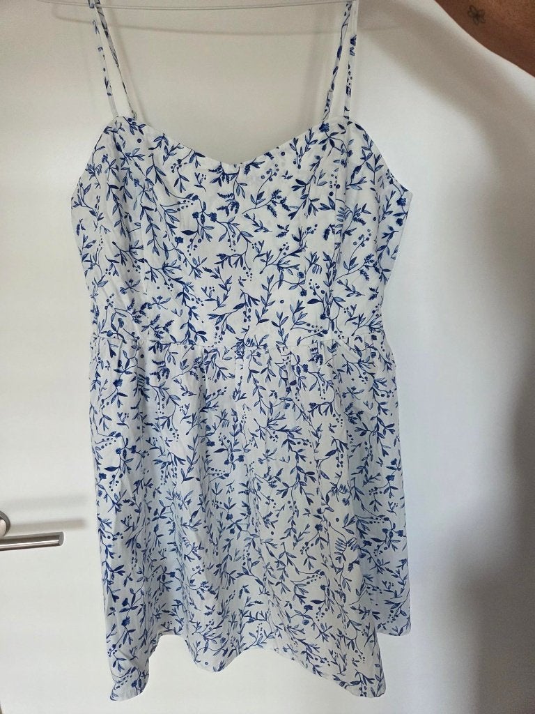 H&M wit/blauwe jurk met spaghettibandjes Large, H&M, Wit, Maat 42/44 (L), Nieuw
