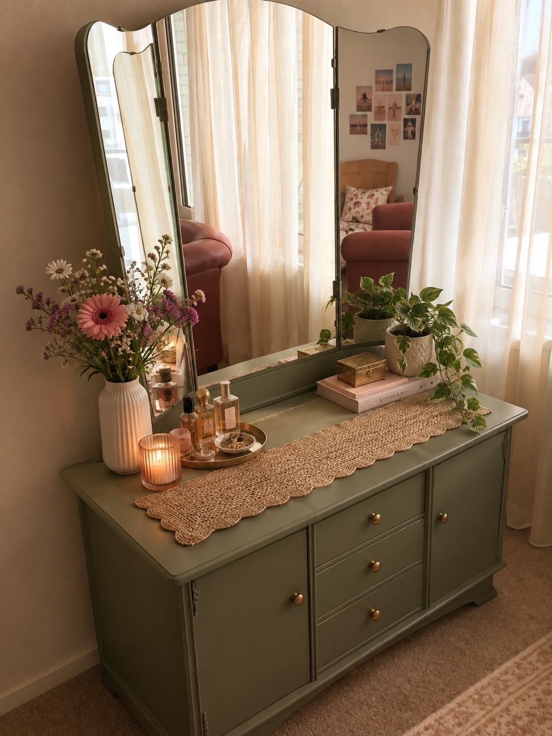 Vintage kaptafel/dressoir met spiegel - origineel bruin, Ophalen, Gebruikt, 100 tot 150 cm, Met lade(s)