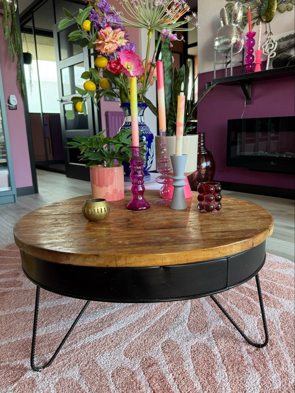 Ronde houten salontafel met metalen onderstel 80x80 cm, Ophalen, Gebruikt, Rond, 50 tot 100 cm