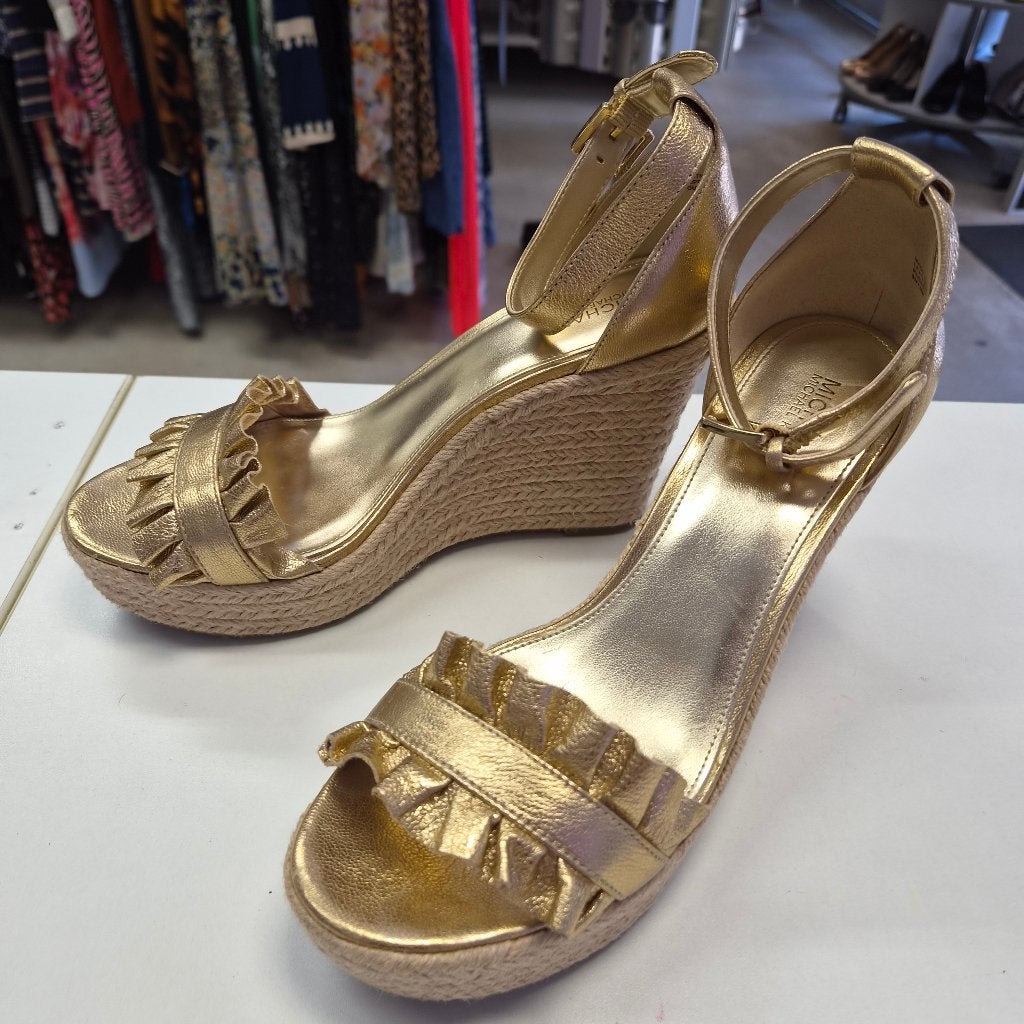 Michael Kors gouden leren sleehak sandalen maat 38 51938, Michael Kors (Europe) B.V., Danzigerkade 165, 1013 AP Amsterdam, Nederland