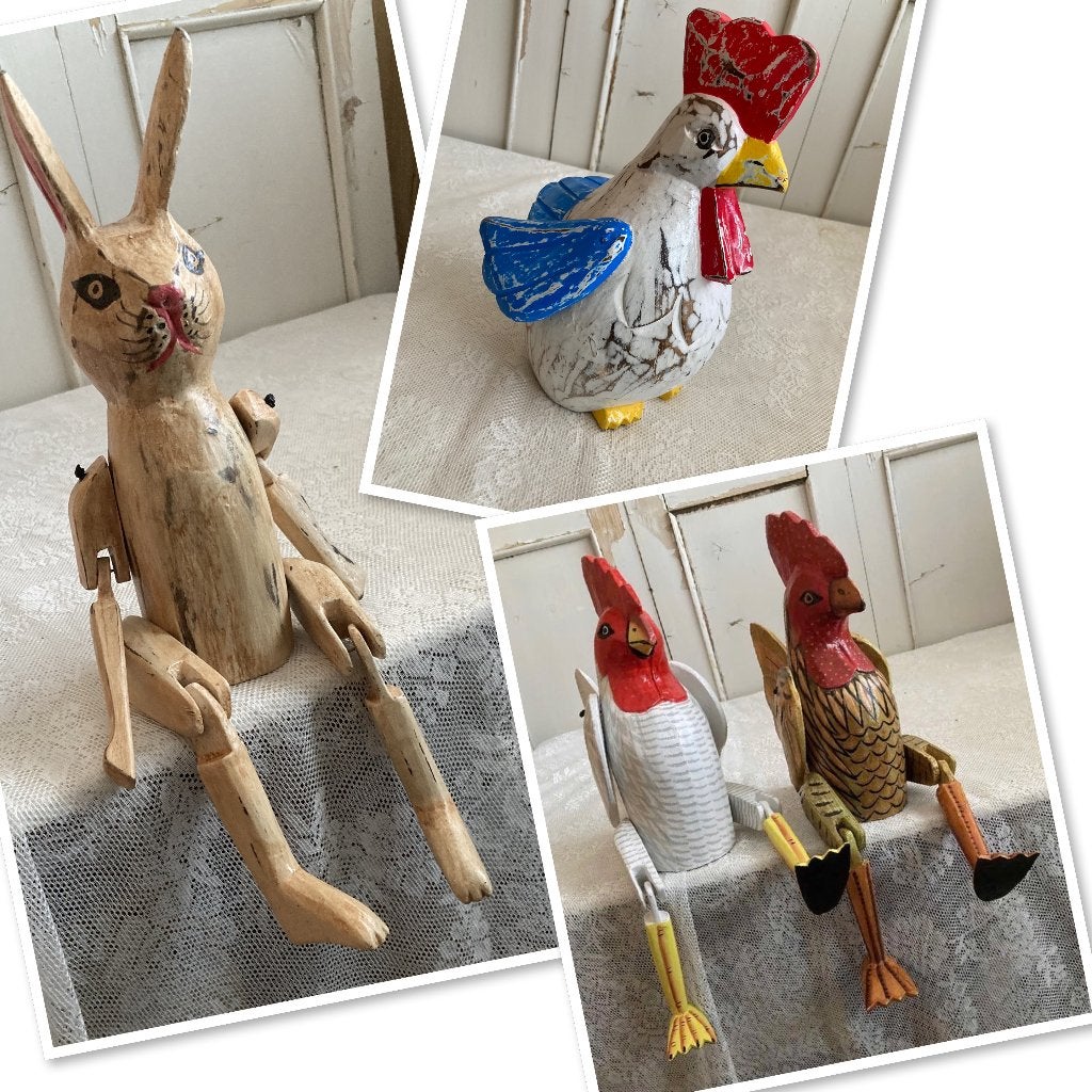 Fairtrade / Houten haan met bungelbeentje, bolkip & haas, Ophalen of Verzenden