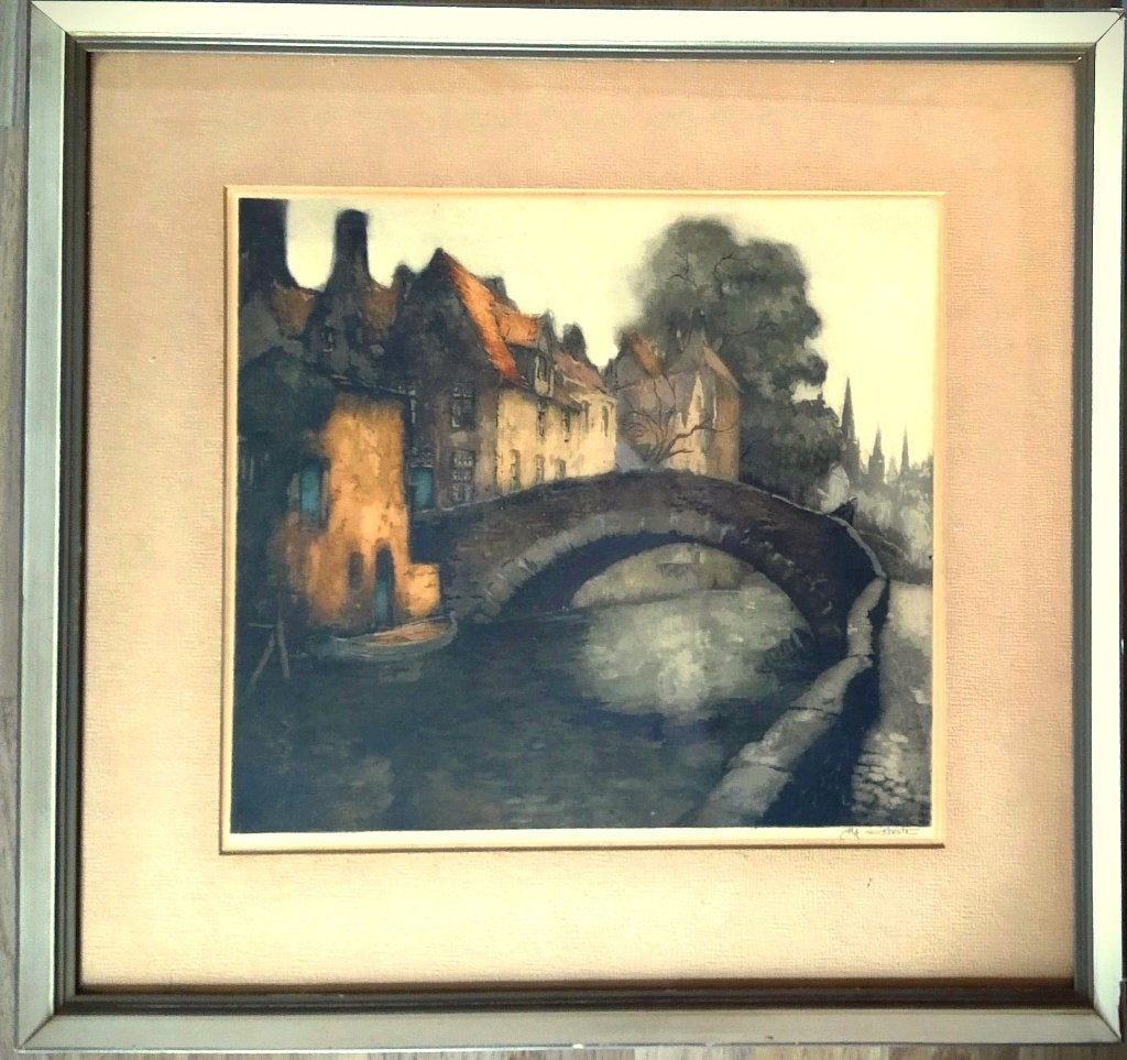 Ets Alfred van Neste Pont de l'hydromel te Brugge, Antiek en Kunst, Kunst | Etsen en Gravures, 54 cm, Stadsgezicht, Origineel