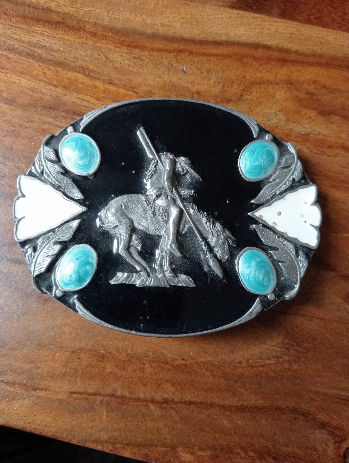Vintage Santoy Buckle Co. gesp met Indiaan en turkoois, Losse buckle of gesp, Overige kleuren, Santoy Buckle Co., Ophalen of Verzenden