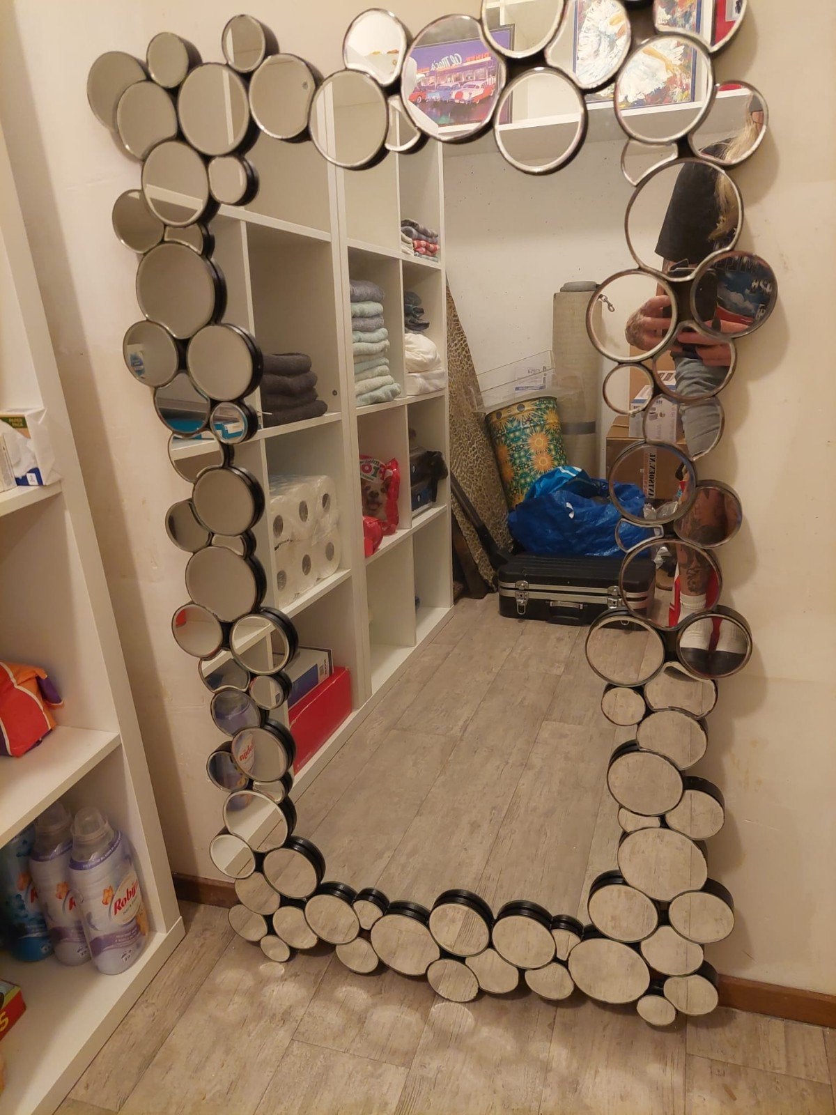 Unieke spiegel met cirkels, afmeting 115x65 cm, Ophalen, Gebruikt, 100 tot 150 cm, Rechthoekig