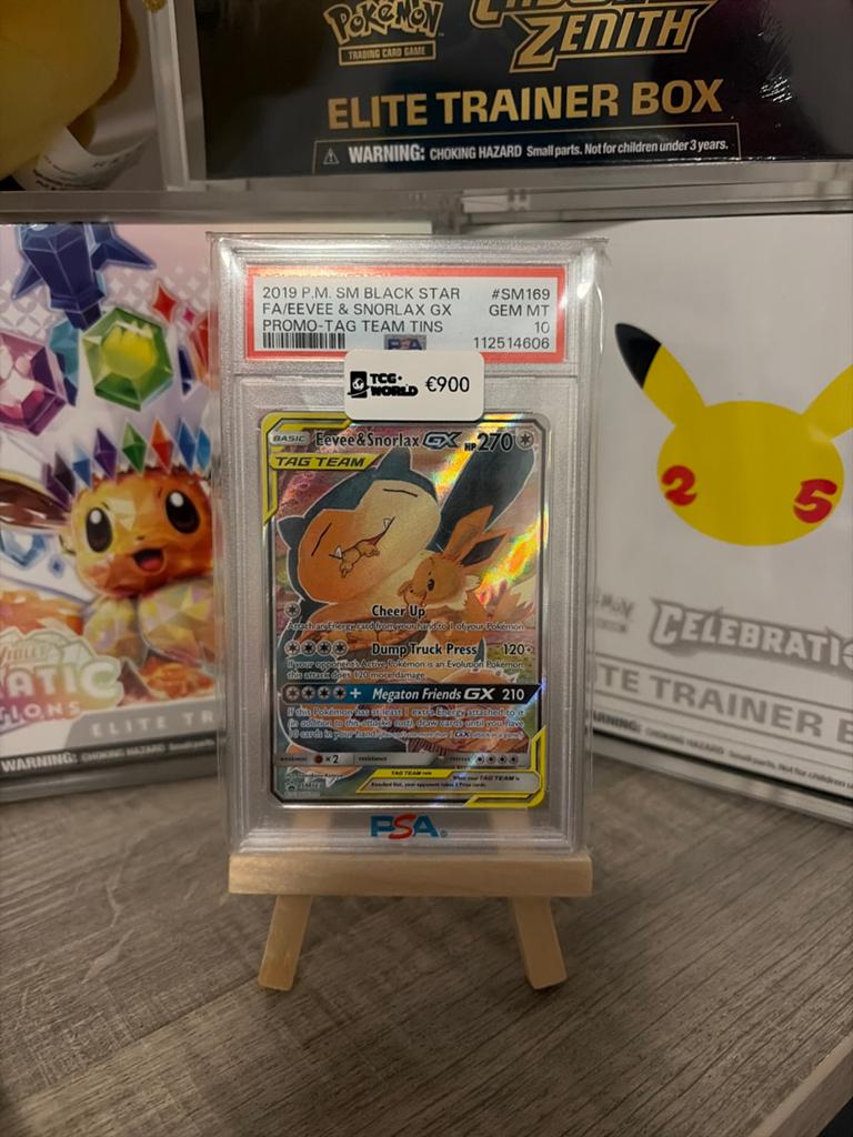 PSA 10 Eevee & Snorlax GX Promo SM169 Pokémon Kaart, Ophalen of Verzenden, Nieuw, Losse kaart